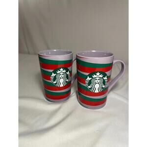 Starbucks Holiday Stripe Mugs Set of 2 – Red Green & Lavender Ceramic Coffee Cup